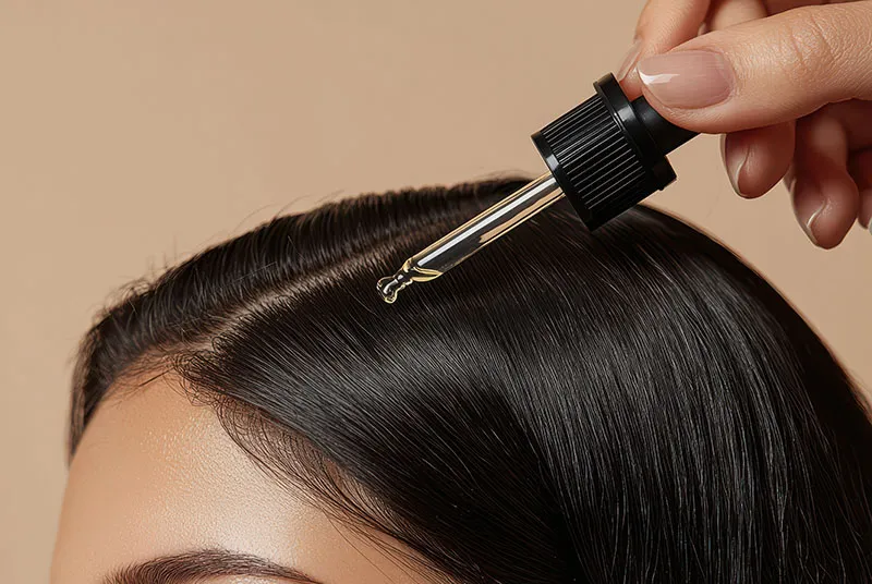 woman applying hair growth serum to her scalp